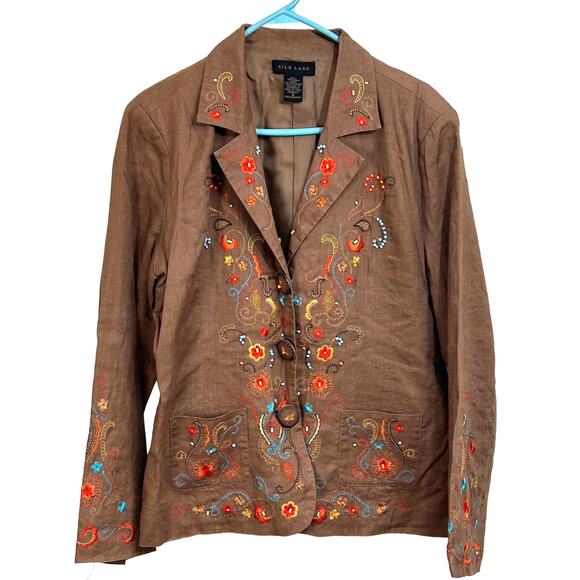 Silk Land Linen Beaded Embroidered Blazer Jacket Size 12 - Picture 1 of 11